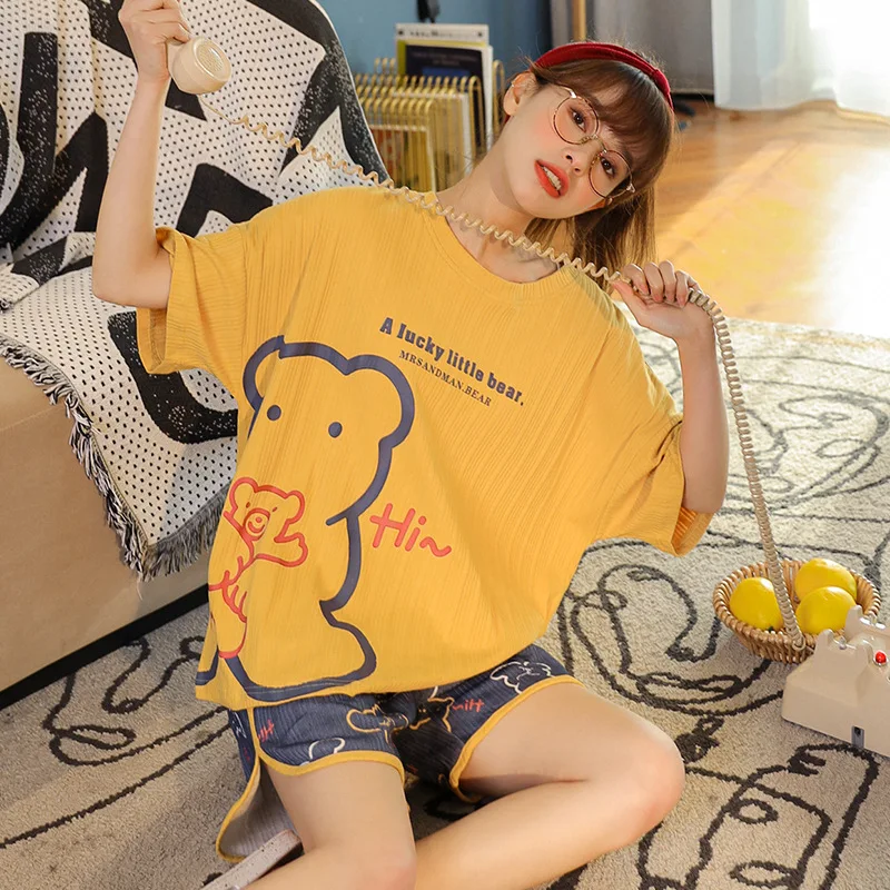 

Summer Women Pajamas Set Cute Colorful Strawberry Print Pajamas Cotton Homewear Kawaii Frill Trim Femme Loose Outdoor Sleepwear