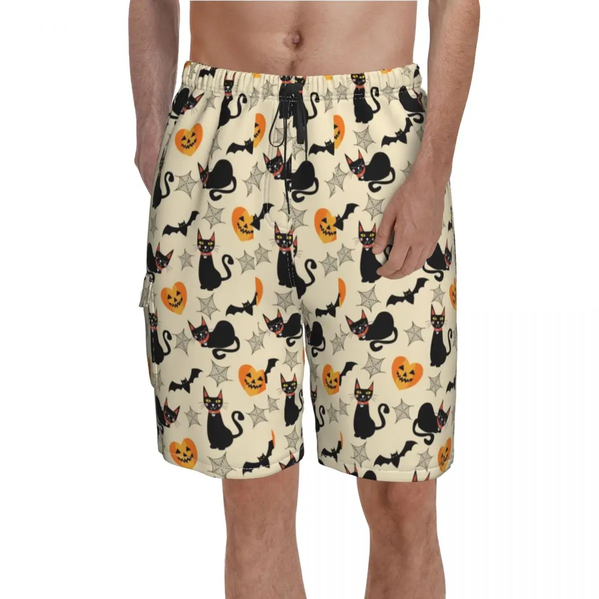 

Halloween Cat Pumpkin Bat Board Shorts Funny Pattern Beach Swimming Trunks Polyester Men Swim Trunks