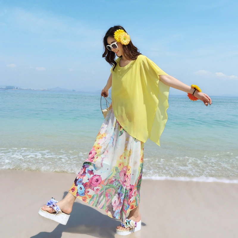 Летнее пляжное платье женское шифоновое длинное с цветочным принтом элегантные