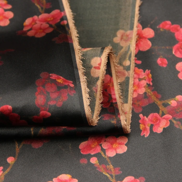 

PRINTED SILK STRETCH SATIN 140cm width 19momme 100% Silk Fabric Floral Printed Women Dress Clothing