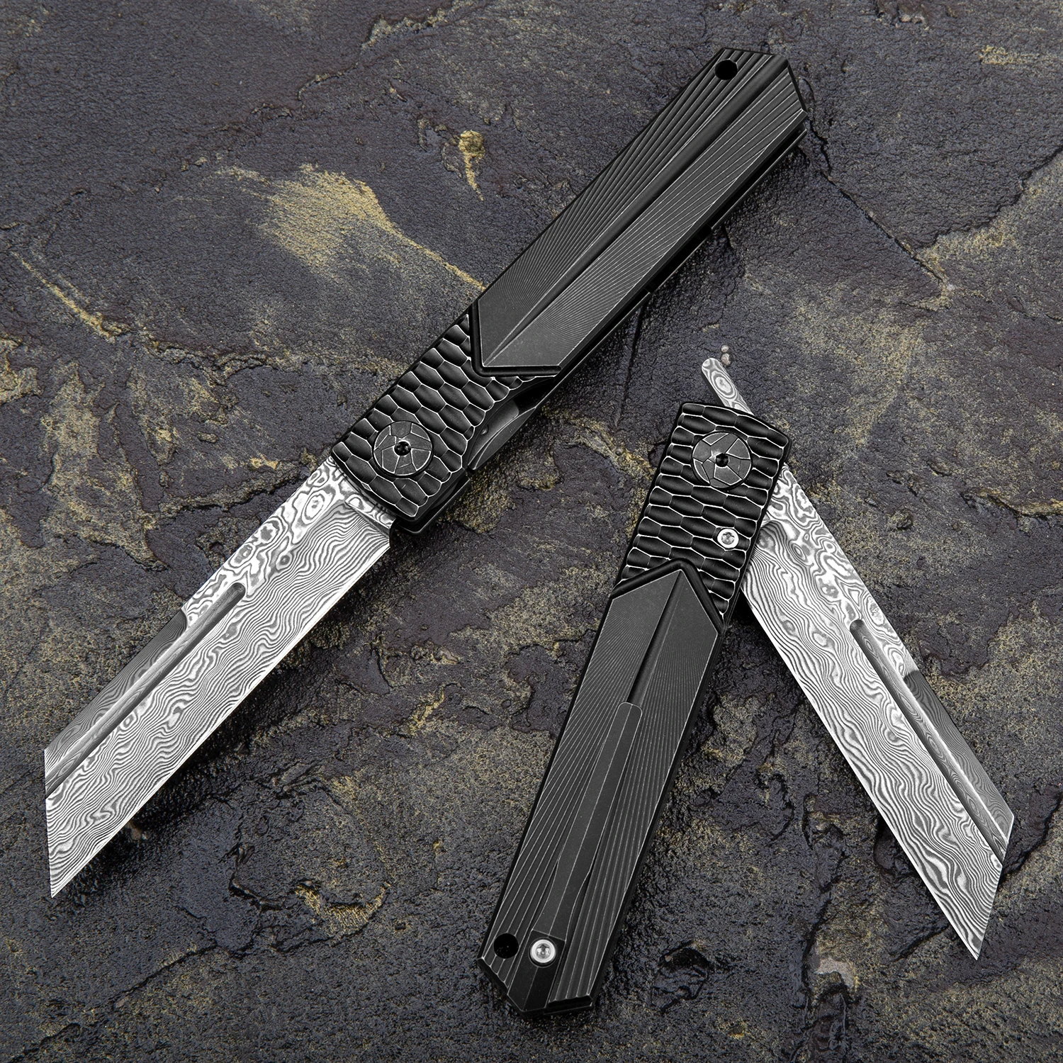 Ножи NEWOOTZ складные из дамасской стали с титановой рукояткой зажимом и ножнами -