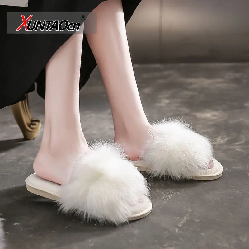 

2021 Women Summer Fluffy Fur Slides Real Natural Raccoon Fur Slippers Flat Open Toe Big Fur Shoes for Women Amazing Sandals