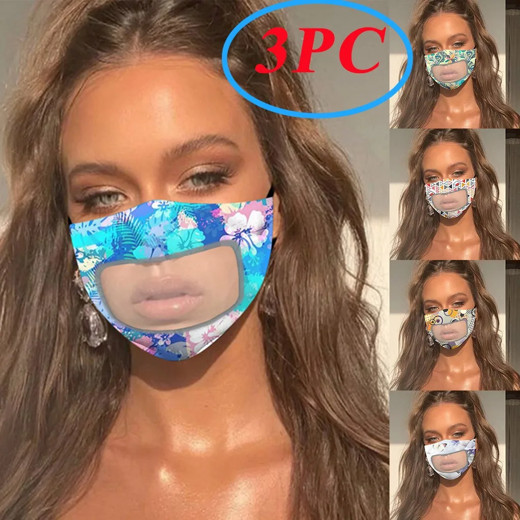 

3PC Mask reusable With Clear Window Visible Expression For The Deaf And Hard Of Hearing fashion printing mask windproof anti-uv