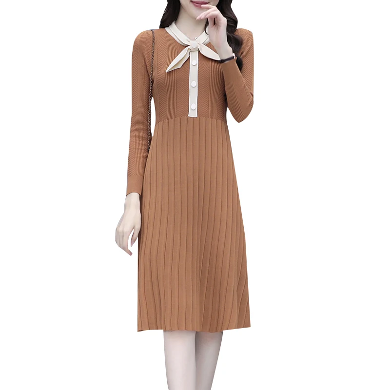 

Elegant Knitted Dress Female Autumn Winter Dress Long Sleeve Women Dress Office Lady Bowknot Casual Fashion Sweater Dress