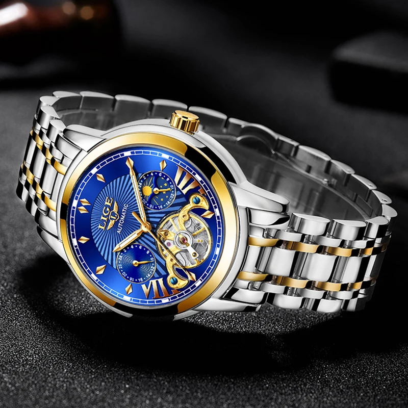 

LIGE Business Watch Men Automatic Mechanical Tourbillon Watch Luxury Fashion Stainless Steel Sport Watches Men Relogio Masculino