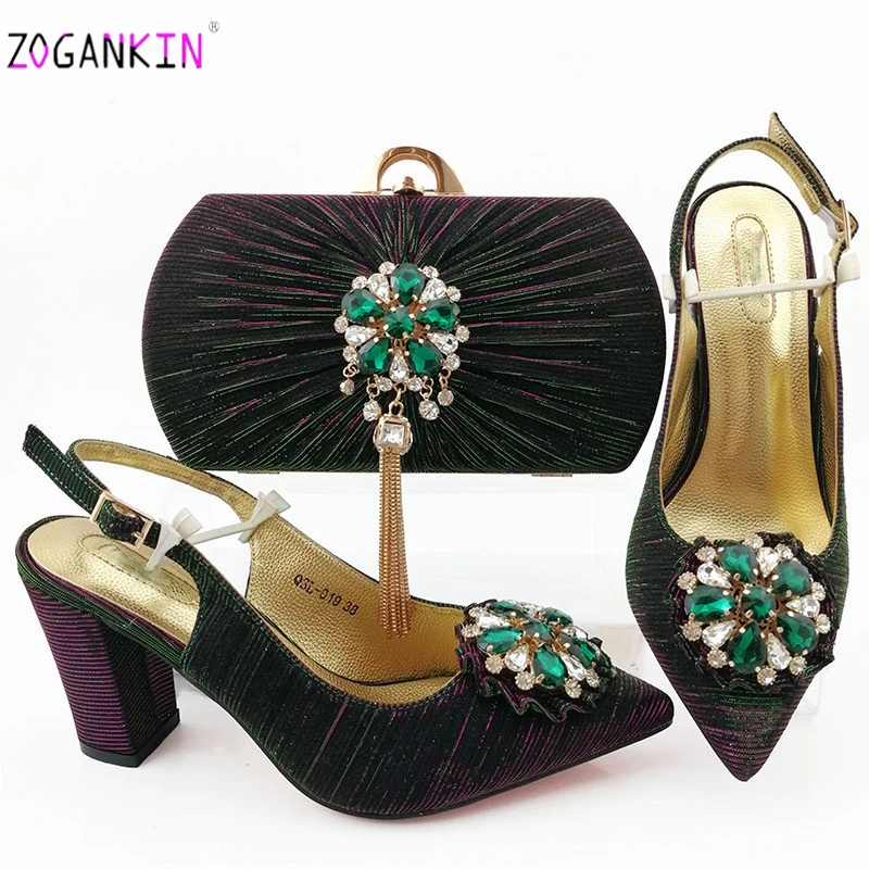 Latest Fashion Crystal Silver Color Pointed Toe Sandals And Bag Set African Style Woman Shoes Matching Purse | Обувь