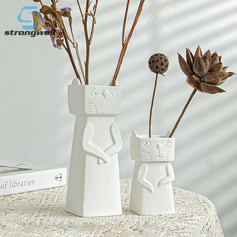 

Strongwell Ceramic Cartoon Cat Flower Vase Dry Flower Arrangement Living Room Table Decoration Artware Creative Porcelain Crafts