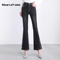 high waist baggy jeans woman spring autumn new lady denim pants cotton elastic skinny flared trousers for female s 6xl