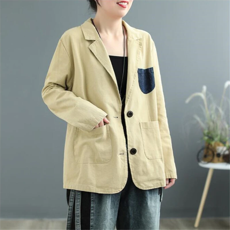 

2021 Spring Fashion New High-Quality Casual Cotton Twill Women's Clothing Pocket Patch Color Matching Loose Suit Jacket Trendy