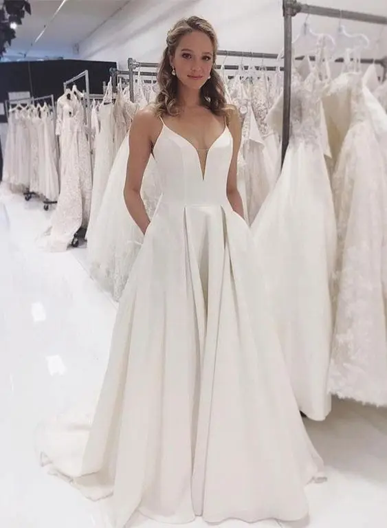 JIERUIZE белые атласные Простые Свадебные платья Глубокий v образный вырез на тонких