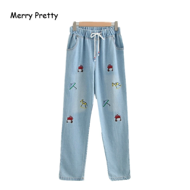 Женские джинсовые брюки с вышивкой Merry Pretty прямые джинсы эластичной талией и
