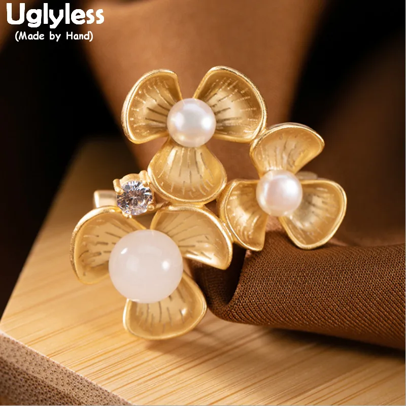 

Uglyless Dual-use Blooming Flowers Brooches Pendants NO Chains Natural Jade Pearls Floral Brooches 925 Silver Romantic Jewelry