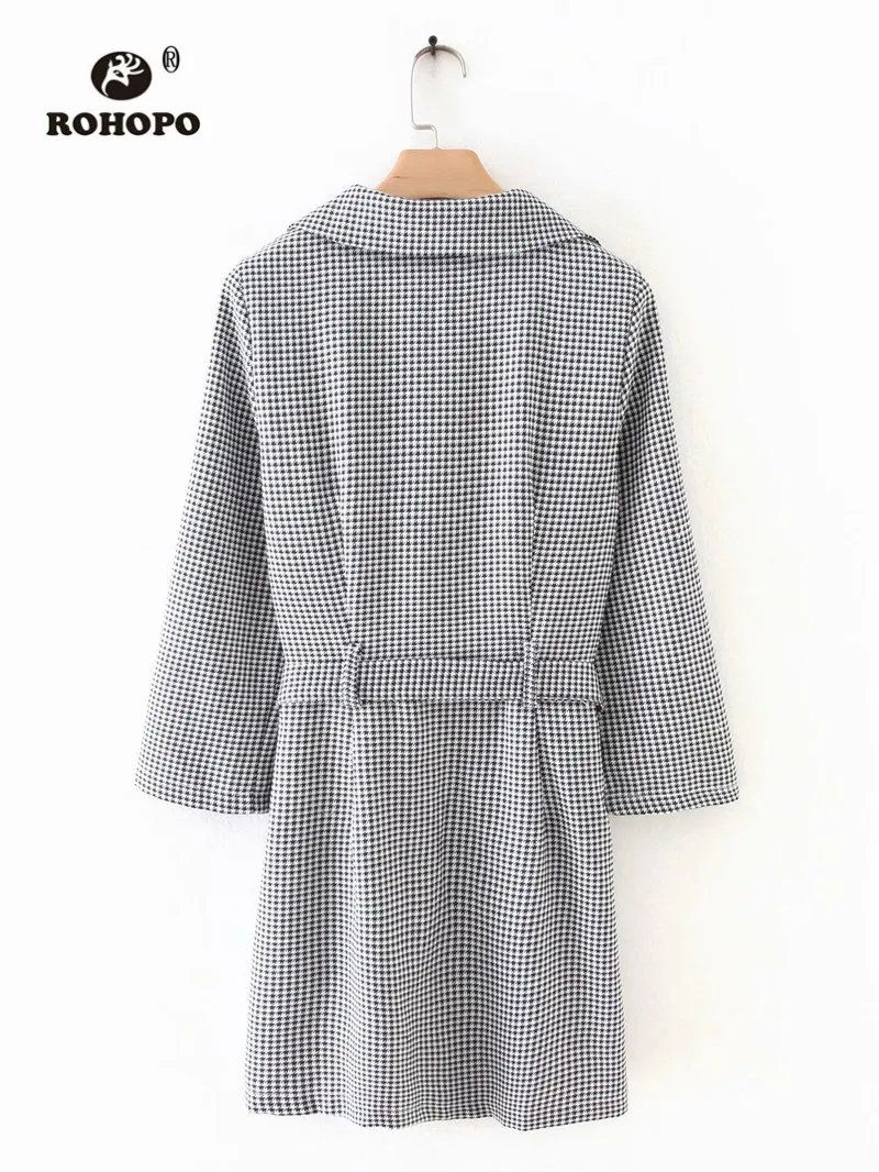 ROHOPO Зубчатый воротник пояс Хаундстут мини осень серое платье с длинным рукавом