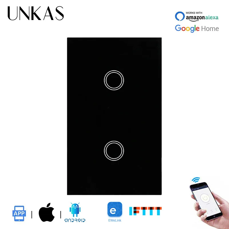 UNKAS Crystal Glass Panel US Standard 2 Gang WIFI Touch Switch Ewelink APP Control Work With Alexa Wireless Light | Обустройство