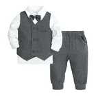 Комплект одежды для мальчиков, Детская рубашка, детский полосатый жилет, весенние брюки-смокинг с бантом для мальчиков, костюмы из 3 предметов в 1