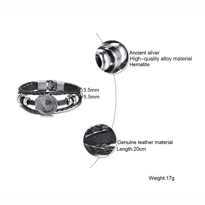 Мужской кожаный браслет Lucky многослойный Плетеный с изображением игральных карт