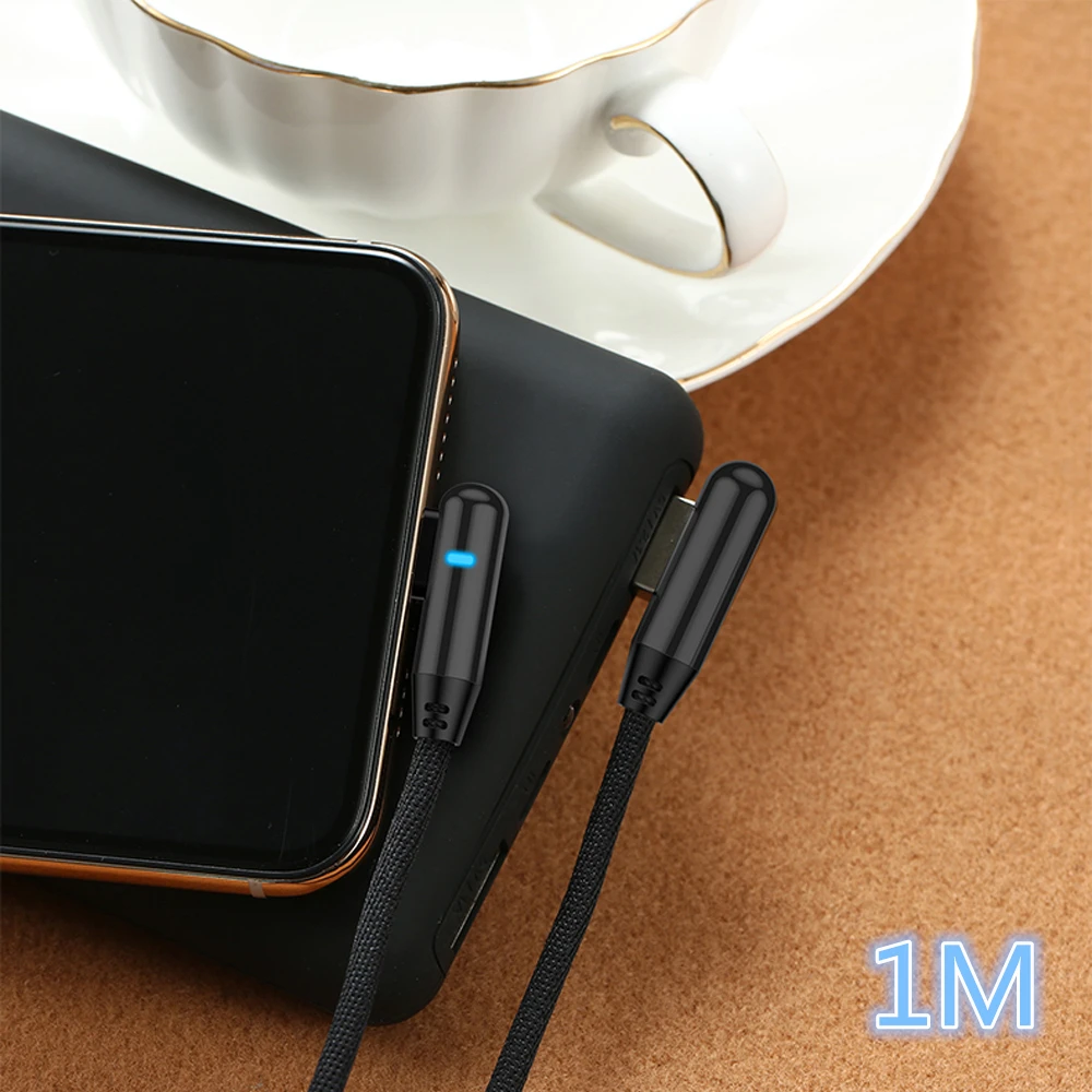 Светодиодный кабель usb type C на 90 градусов для iPhone Micro Quick Charge USB-C кабель для Xiaomi Redmi Note 7 для samsung S10 A50 Tipe-C - Цвет: 1M Black