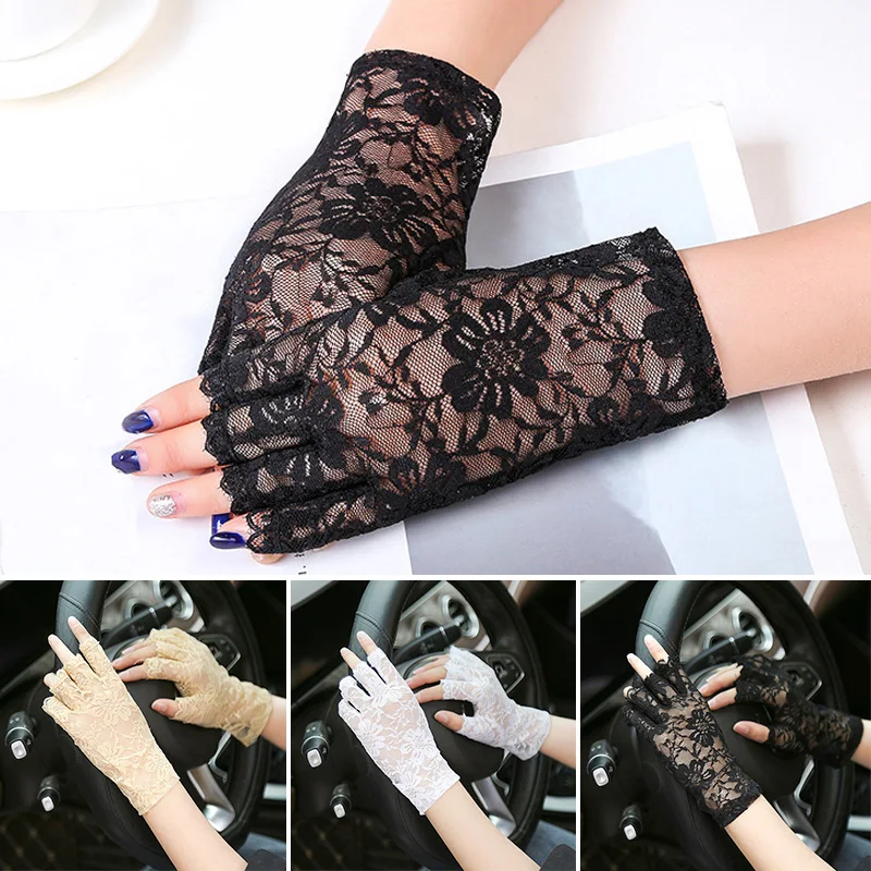 

New Arrival sexy Lace Gloves Women Summer sunscreen Gloves Black White Sun Protection Fingerless Driving GLoves Femme Guantes
