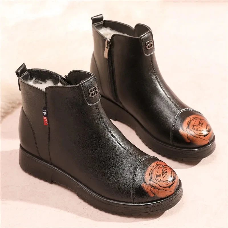 

Comfy Women Winter Boots Females Leather Ankle Boots Ladies Plush Warm Flats Shoes Mom Non Slip Booties Outdoor Footwear