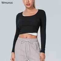 wmuncc women sports shirts training running gym crop top fake two piece contrast color stack tight yoga t shirts