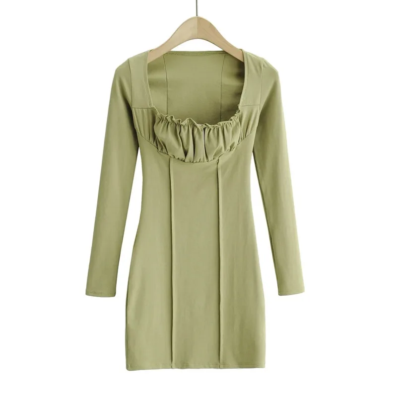 

French Square Collar Wrinkled Long-sleeved Three-dimensional Dress With Wooden Ears 2021 Spring And Autumn New Ins Style Wn*