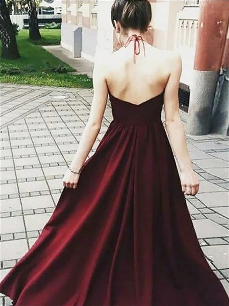 Simple Burgundy Halter Neck A Line Prom Dresses Lace Appliques Sexy Backless Custom Made Formal Special Occasion Party Gowns | Свадьбы и