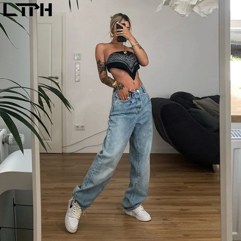 Женские винтажные джинсы повседневные свободные прямые брюки с высокой талией в