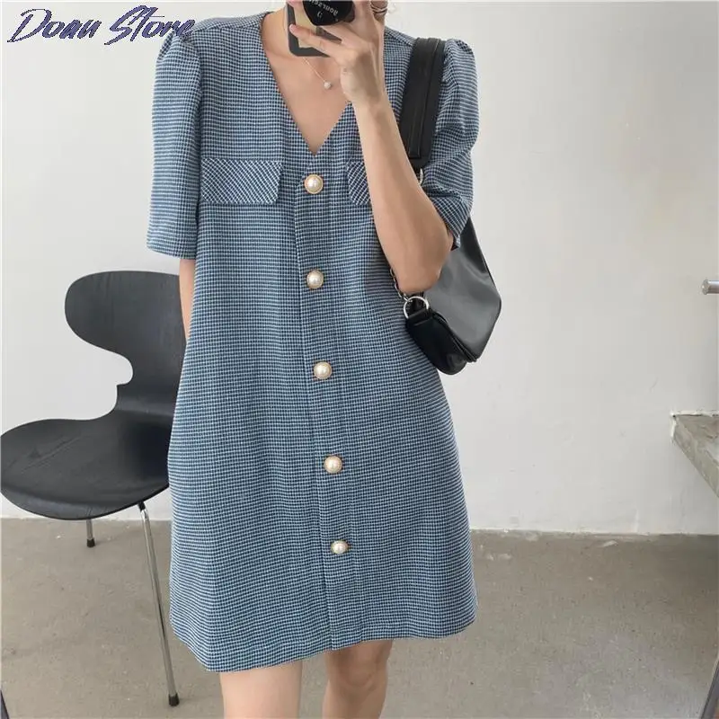 

French Loose New 2021 V-Neck Women's Dresses Elegant Chic Single-Breasted Pure Color Fashion Mini Dress Office Ladies Vestidos