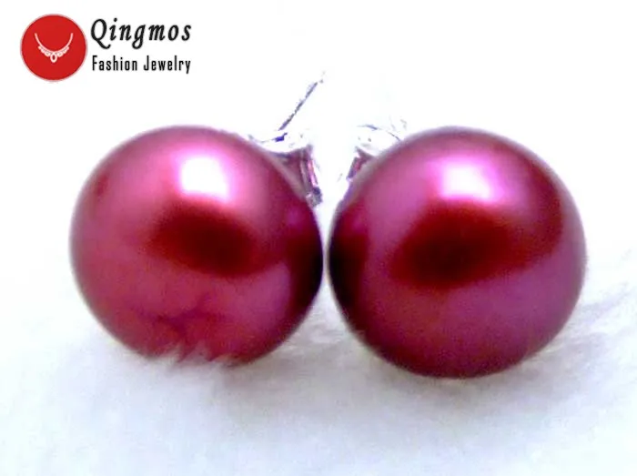 

Qingmos Natural Freshwater Dark Red Pearl Earrings for Women with 7-8mm Flat Round Pearl Stering Silver 925 Stud Earring Jewelry