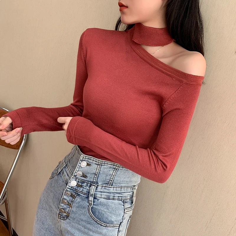 

Off Shoulder Halter High Neck Knit Tops Womens Spring Long Sleeve Sexy Thin Sweater Korean Black White Pink Brick Red Pullover