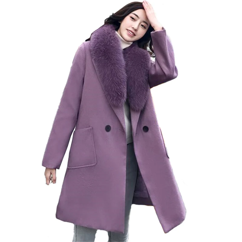 

New Fashion Oversize Woolen Coat Women Winter Real fox fur collar Thicken Warm Jacket Female Plus size M-6XL Wool Outerwear G718
