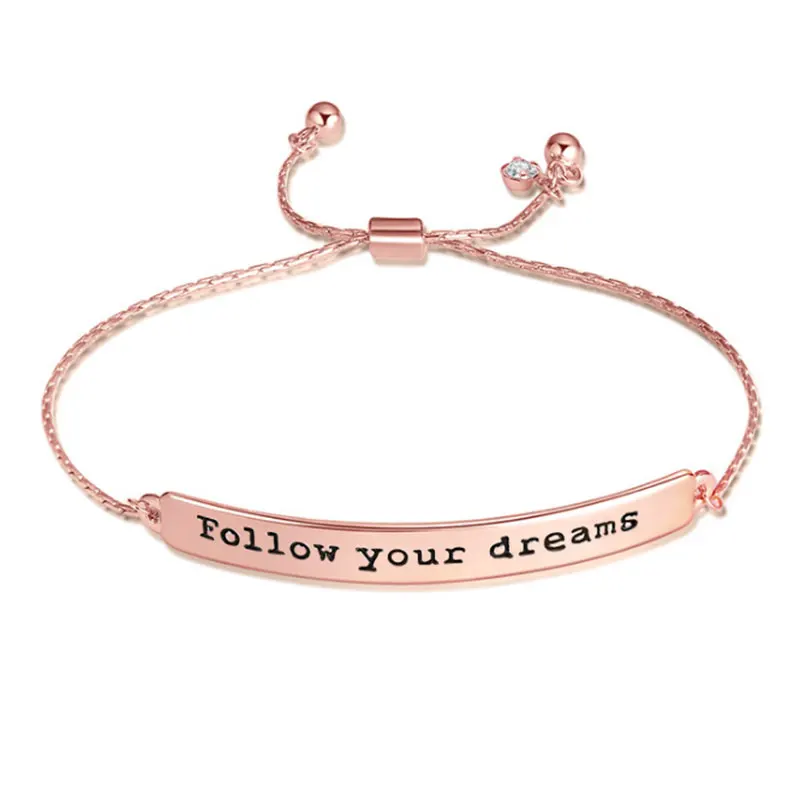 Вдохновляющие цитаты бар браслеты из розового золота с гравировкой CZ Следуйте за