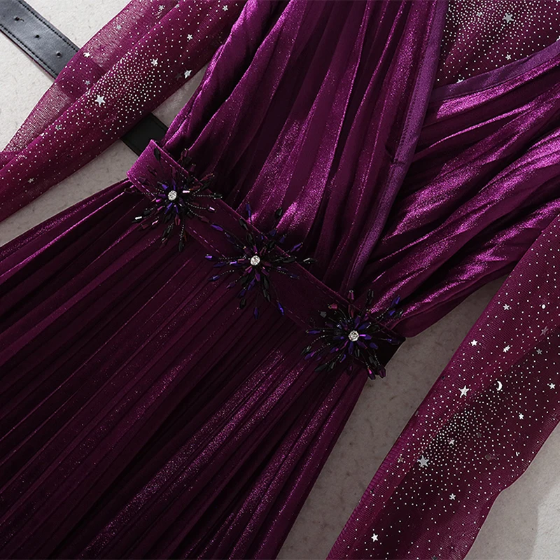 

VERDEJULIAY Designer Fashion Women Dress Autumn Winter Mesh Long Sleeve Patchwork Velvet Diamonds Beading Pleated Dresses