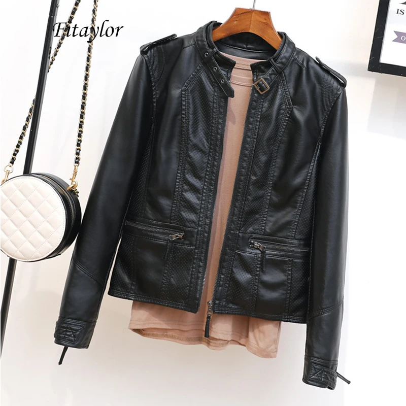 Куртка женская Байкерская из экокожи на молнии с воротником стойкой|Кожаные
