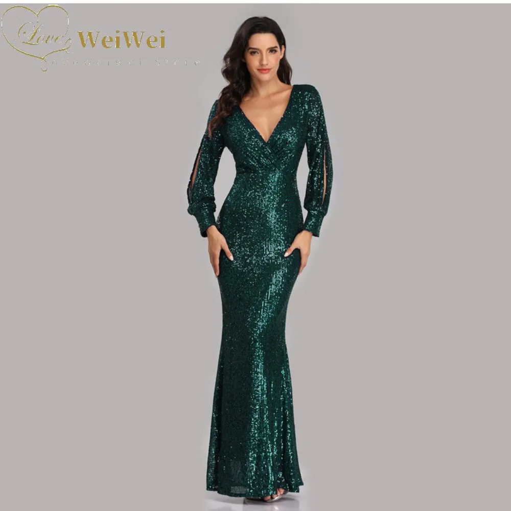 

Mermaid Mother Of The Bride Dress Elegant Arm Split V-Neck Regular Long Sleeve Ankle Length Sequin Vestido De Fiesta De Boda