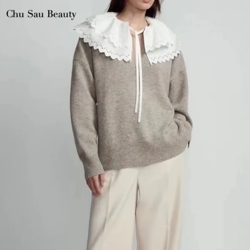 

Chu Sau Beauty ZA Ladies Autumn/Winter Removable Collar Wool Cardigan Sweater Retro Lace Doll Collar Warm Thick Sweater