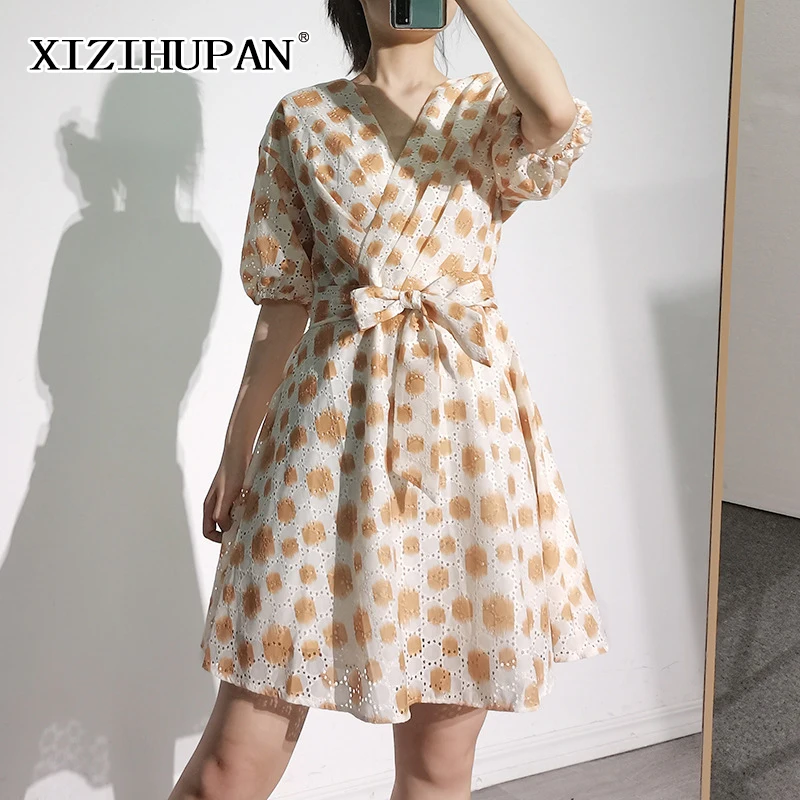 

XIZIHUPAN Minimalist Print Dress For Women V Neck Short Sleeve High Waist Lace Up A Line Mini Dresses Females Summer Fashion New