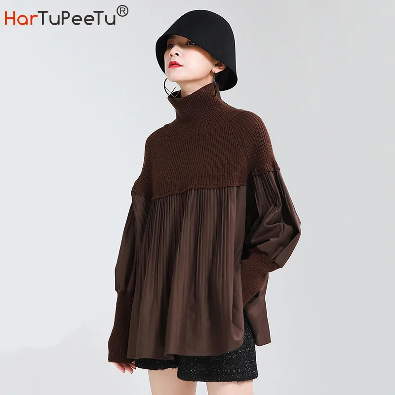 

Женский свитер с высоким воротником, черно-коричневый плиссированный пуловер в стиле пэчворк с буффами на рукавах, уличная одежда, осень-зи...