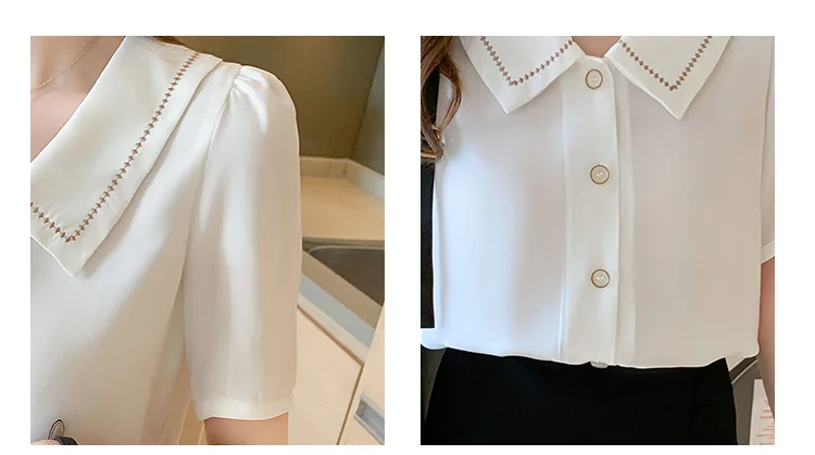 

Blouses Femme Blusas Mujer Tops Women Summer White Blouse Short Sleeve Chiffon Blouse Shirt Turn Down Collar Blouse Women E778
