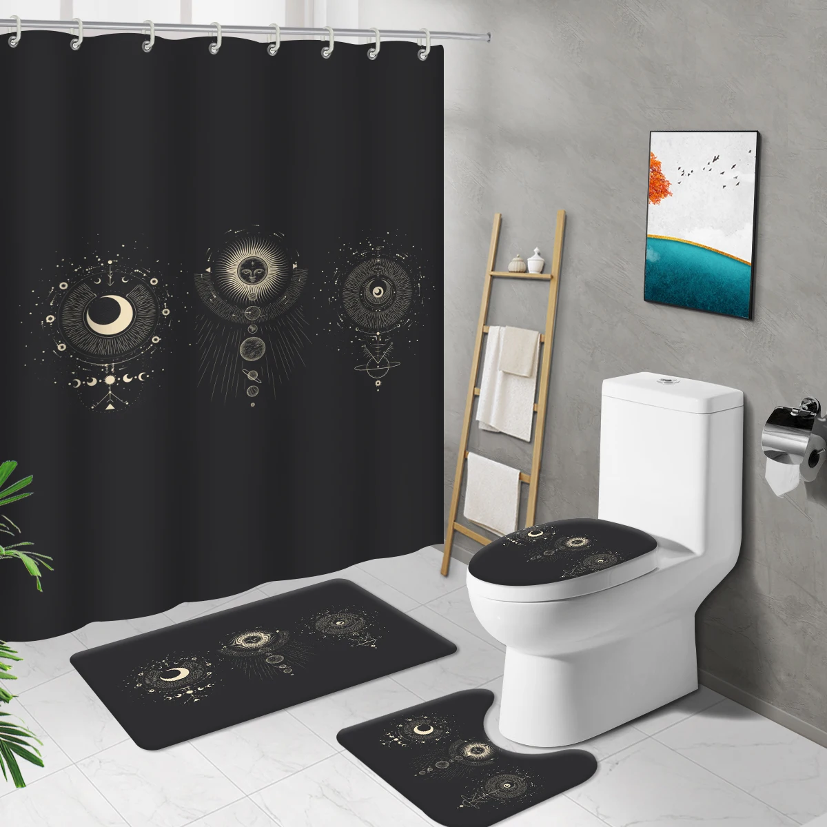 Black Shower Curtain Constellation Printed Bathroom Mat Set Toilet Cover Non-Slip Bath Rug Waterproof Bed Bath and Beyond Hooks