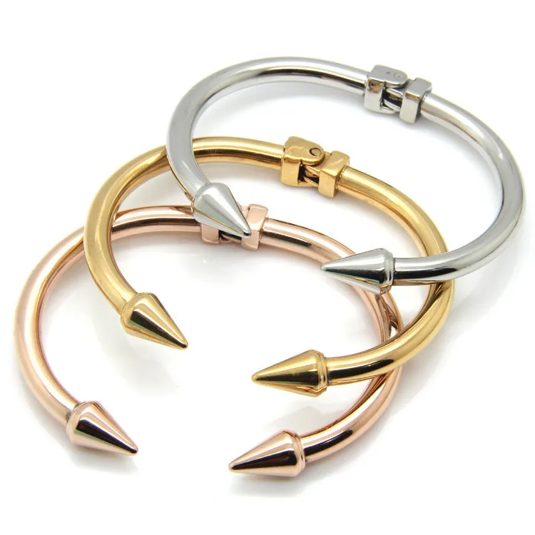 

Top Quality Stainless Steel Jewelry Conical Arrows Bracelets & Bangles Wholesale Gold Color Cone Nail Cuff Bracelet For Women