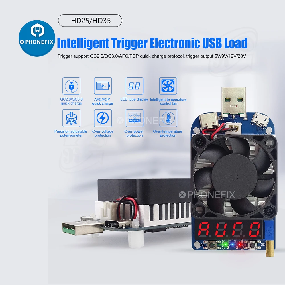 

35w RD HD35 Trigger QC2.0 QC3.0 Electronic USB Load Resistor Electronic Discharge Battery Test Adjustable Current Voltage 4V 5A