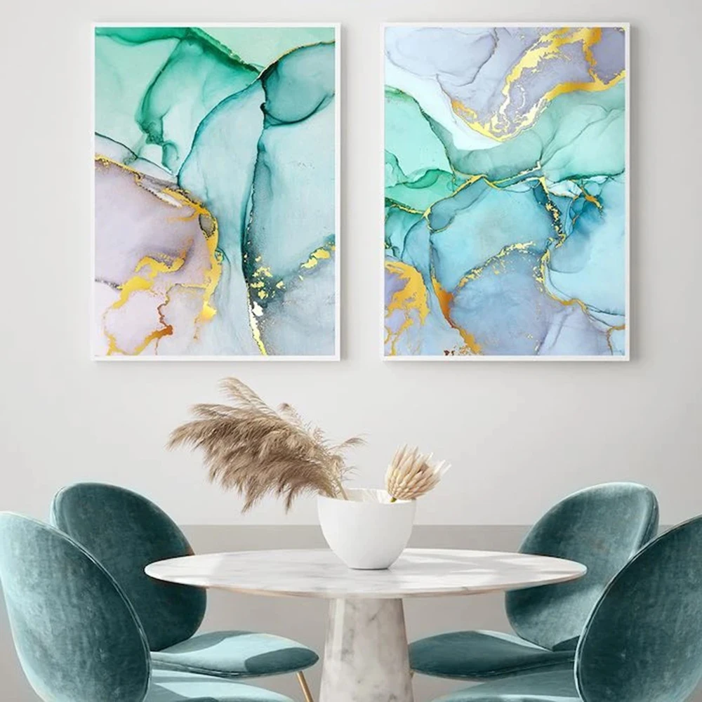 Абстрактная зеленая Золотая фольга холст искусство модный синий красочный