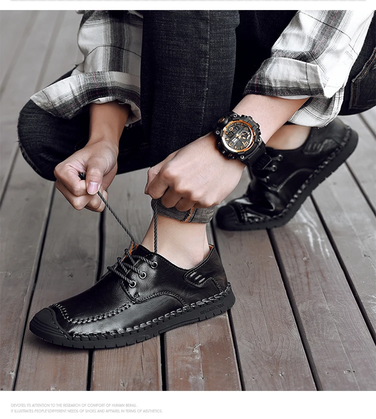 Hot Sale Leather Men Flats Shoes Hand Sewing Men Oxfords Zapatos Hombres Trendy Men Leather Lace Up Shoes High Quality Moccasins