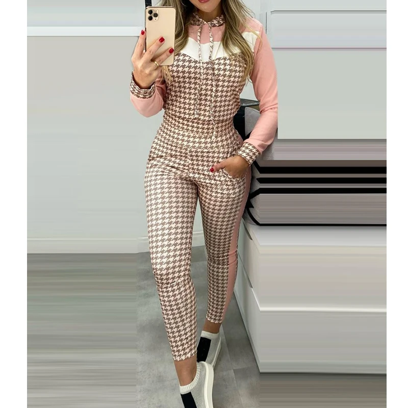 

2021 new houndstooth print stitching long-sleeved casual hoodie sweater top trousers suit trousers