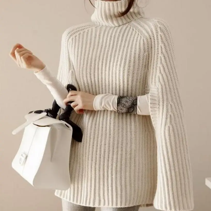 

Casual Jumper Cloak Poncho Autumn Winter Turtleneck Sweater Split Collar High Collar Cape Women Elegant Knitted Pullovers Black
