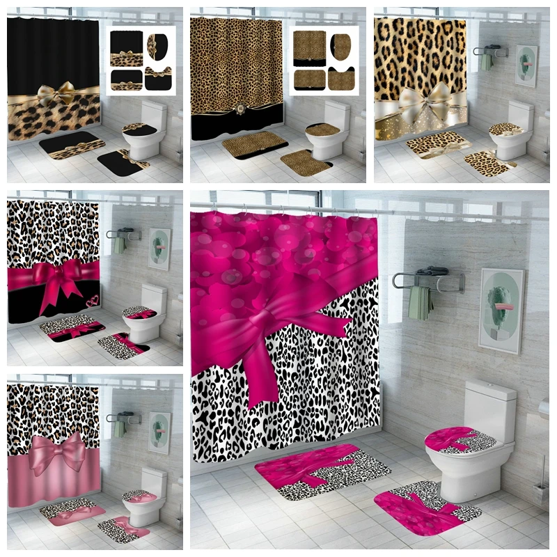 

Girly Pink Red Ribbon Leopard Print Waterproof Shower Curtain Set With Cheetah Leopard Carpets 3PC Toilet Cover Bath Rug Doormat