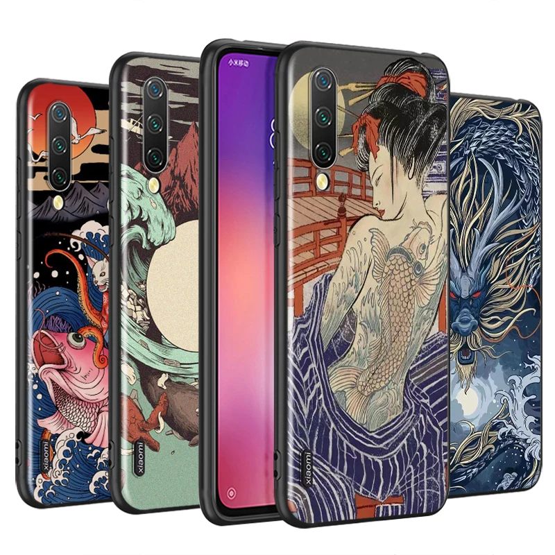 

For Xiaomi Mi 11i 11 10T 10i 9T 9 A3 8 Note 10 Ultra Lite Pro 5G CC9 SE Black Soft Japanese wave Anime Dragon Phone Case