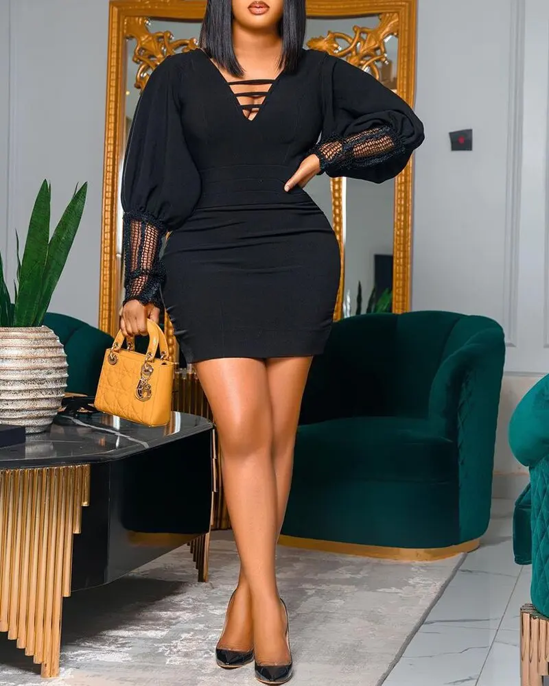 

African Black Short Skirt Sexy Hip Wrap V-Neck Long Sleeve Commute Dress Size S-3X dresses for women dresses