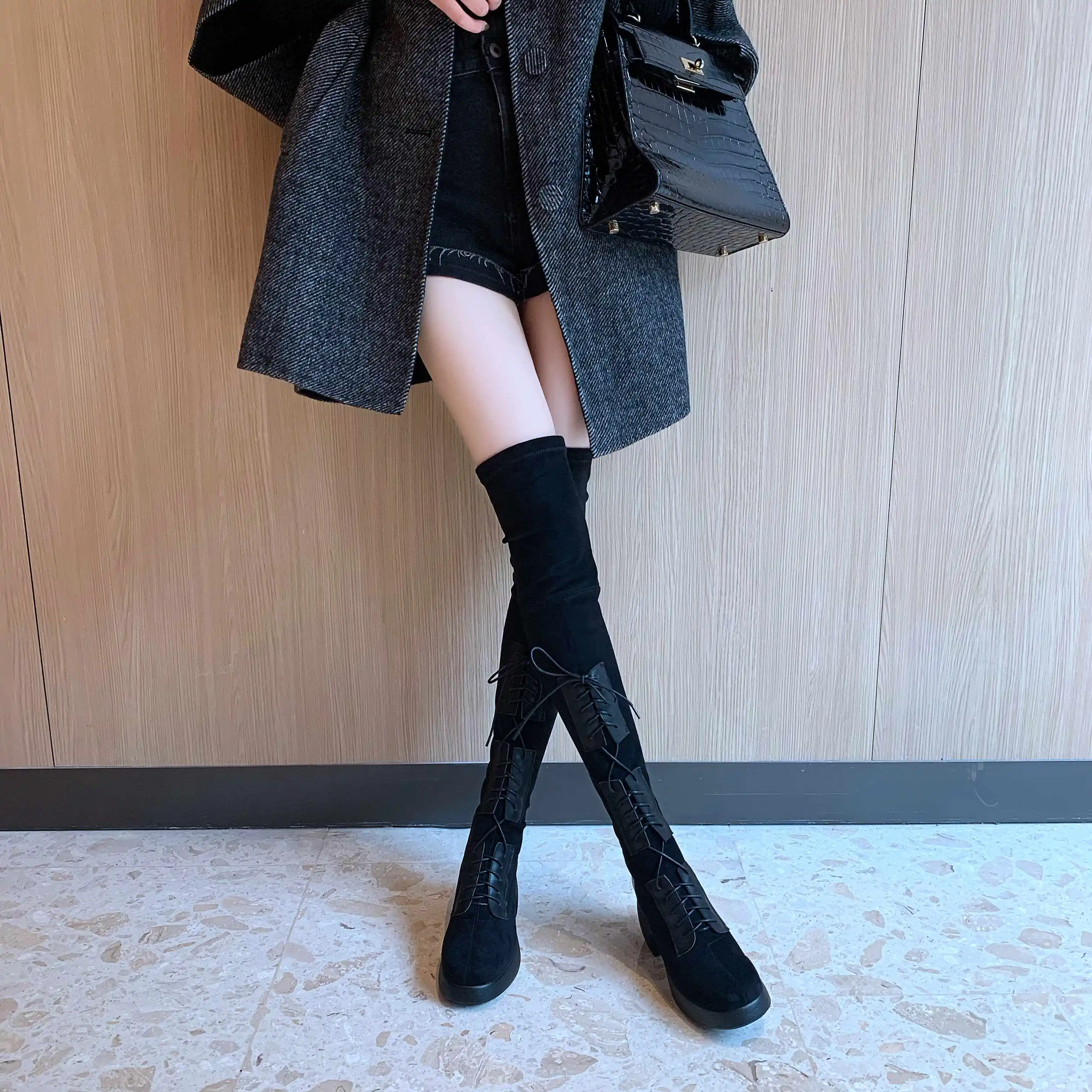 Lenkisen unique lace up stretch boots round toe high heels thick bottom winter keep warm women fashion over-the-knee boots L32